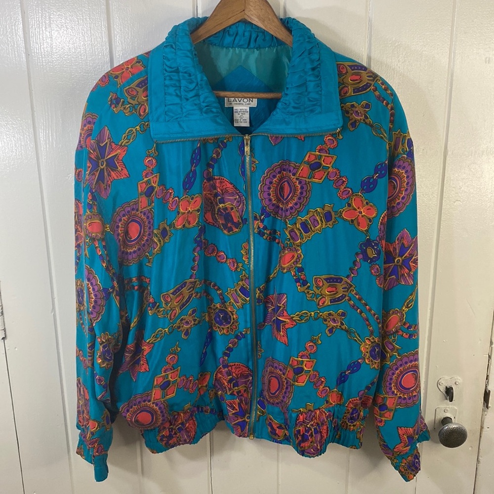Lavon By Cheerful Corp 100% Silk Shell Bomber Jacket Teal Pattern Size Large L‎